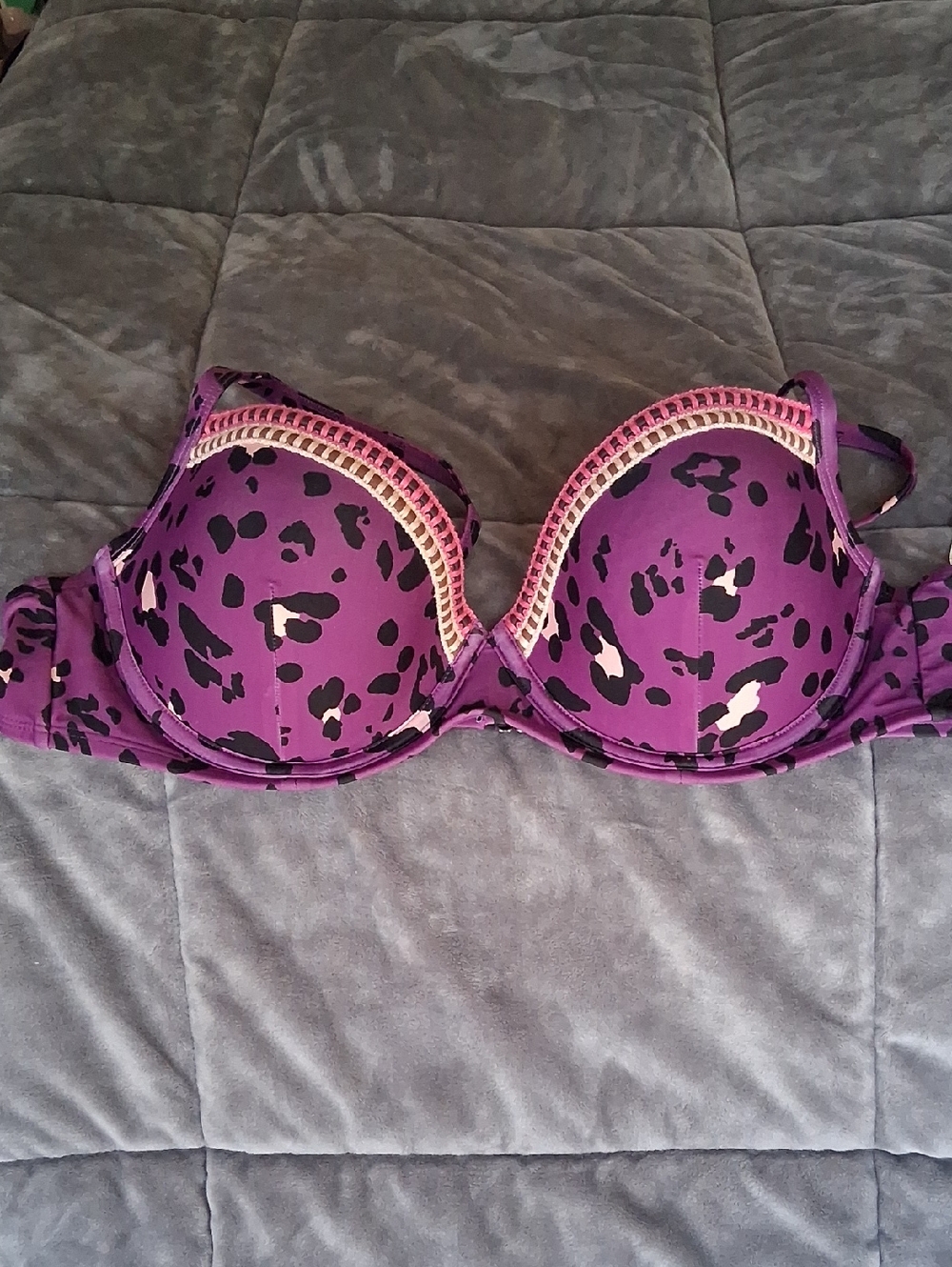 Purple Leopard Print Bikini Top - Size XL